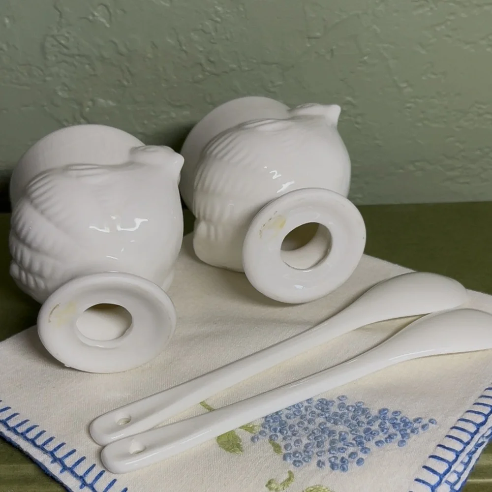 White Ceramic Egg Cups with Spoons